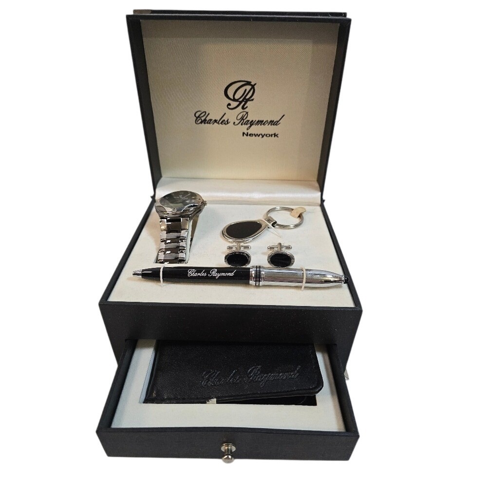 Charles Raymond Mens 5 Piece Gift‎ Set Watch Wallet Cufflinks Keychain Pen Black